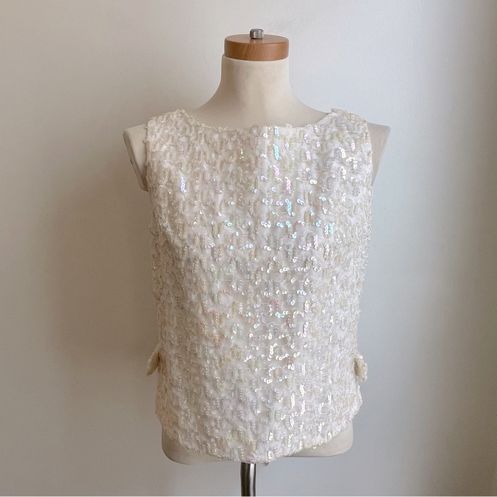 Vintage 1960s White Iridescent Sequin on Lace Sleeveless Top w Bows ILGWU Small